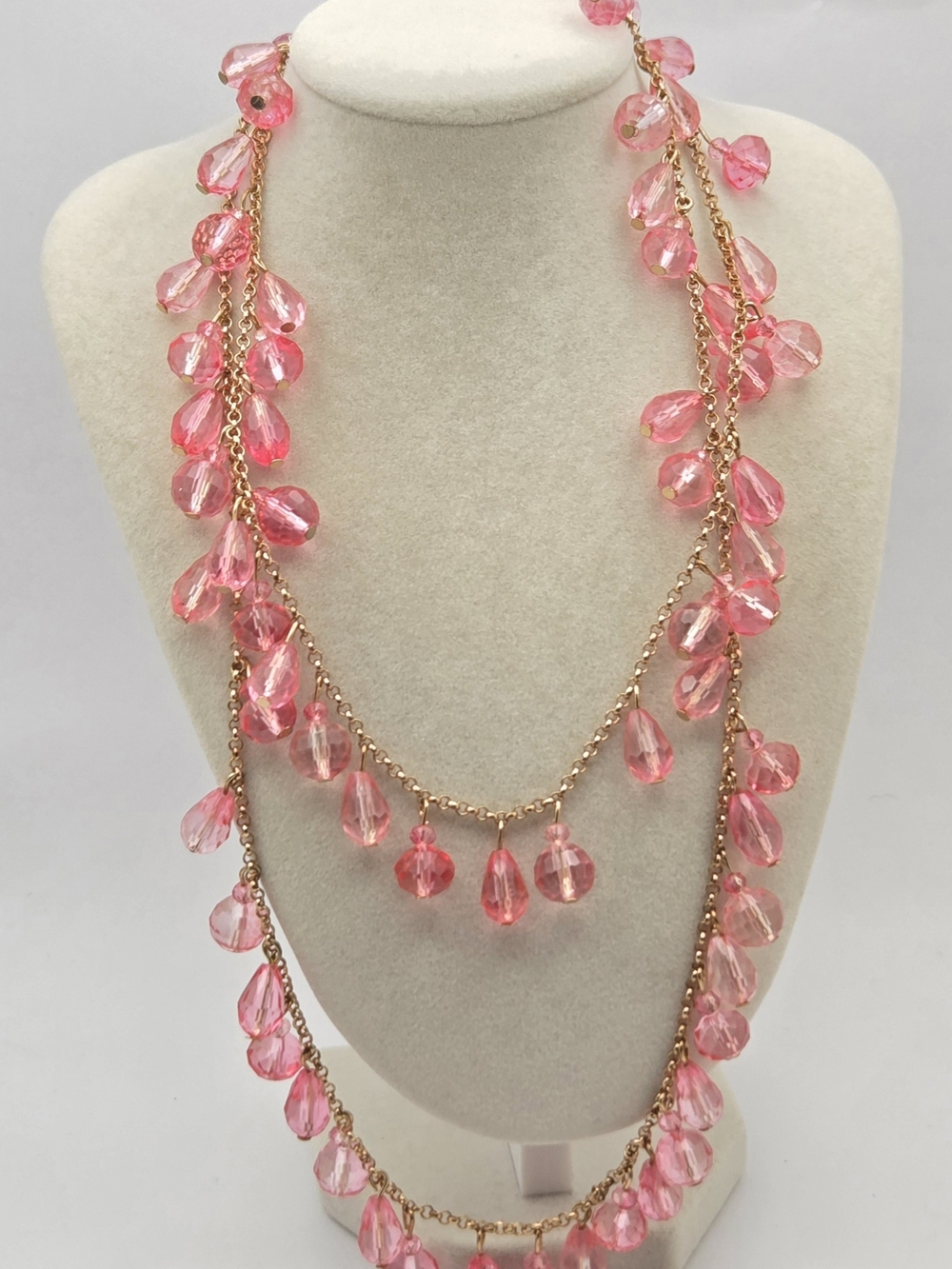 Charming Charlie Pink Glass Bead Statement Necklace 39" Gold Tone